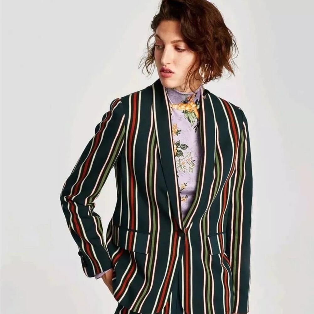 Zara Green Striped One Button Blazer Size Medium